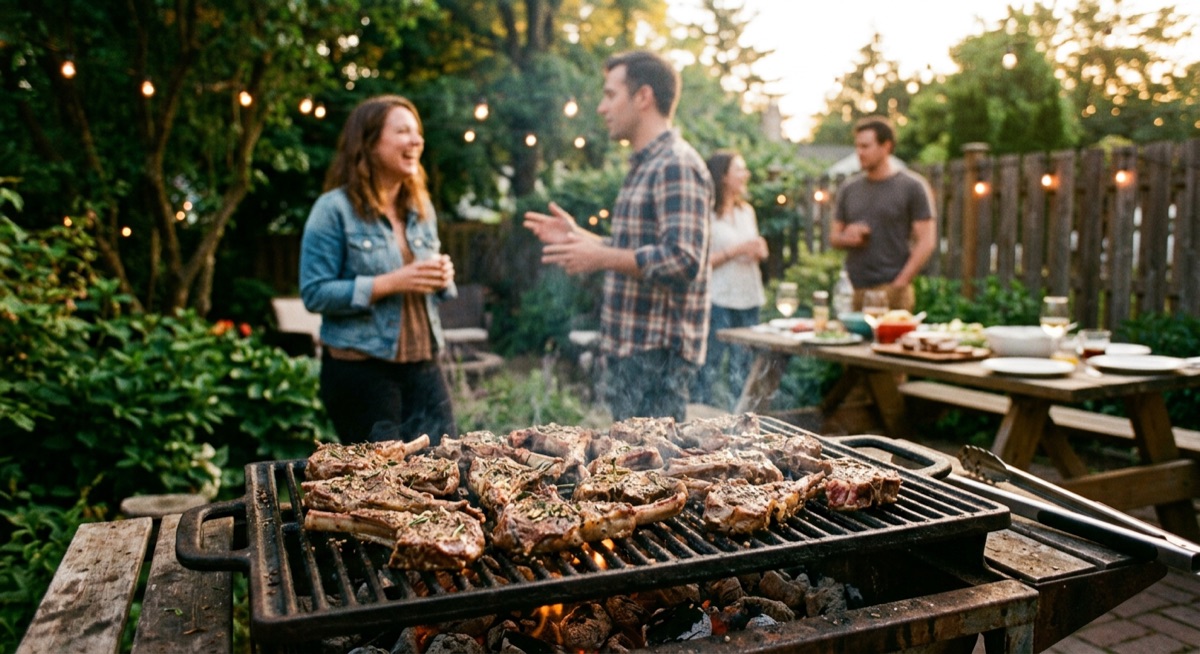 Lamb chops on a backyard grill at a summer barbecue, friends gathered behind