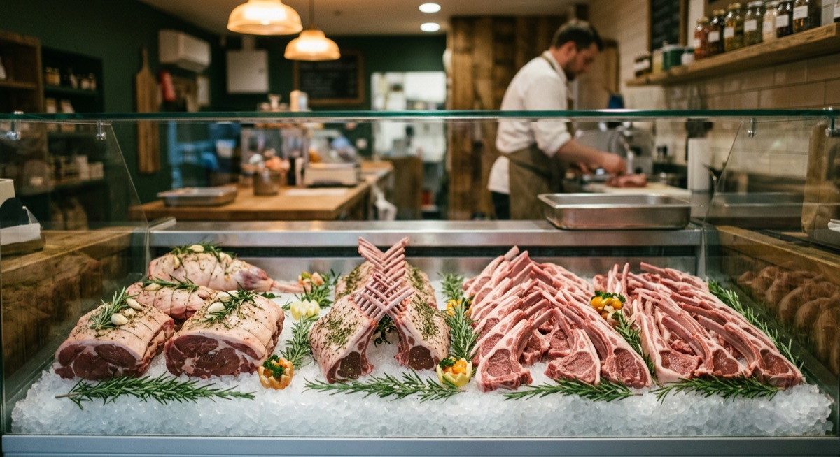 Butcher display case with neatly arranged lamb cutlets, racks, and roasts