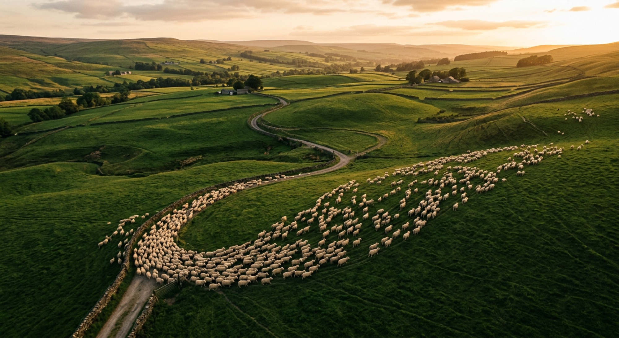 Aerial view of a flock of sheep moving across rolling green pasture at golden hour