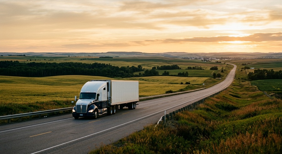 Refrigerated semi-trailer truck on an open American highway at golden hour