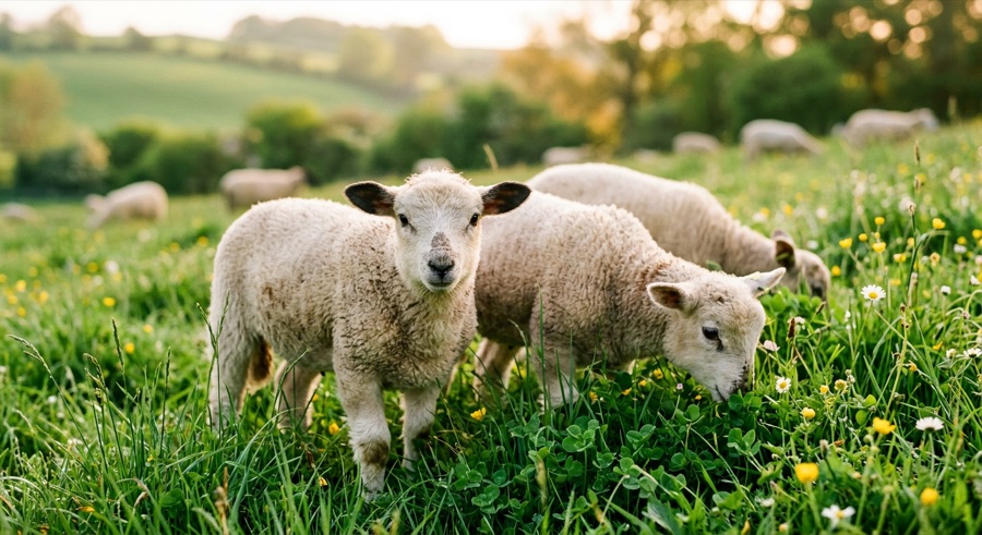 Young lambs in lush green pasture in soft morning light