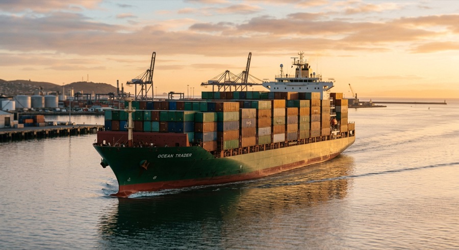 Container ship departing a port at sunrise