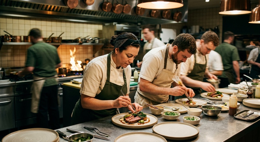 Chefs plating dishes in a busy open restaurant kitchen during service