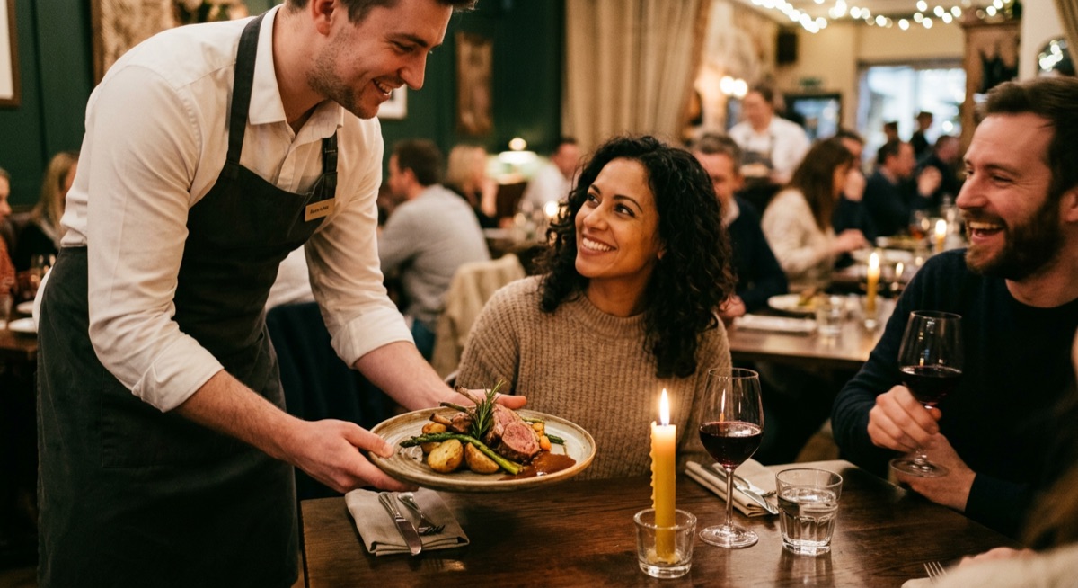 Waiter placing a lamb dish in front of diners at a candle-lit restaurant table