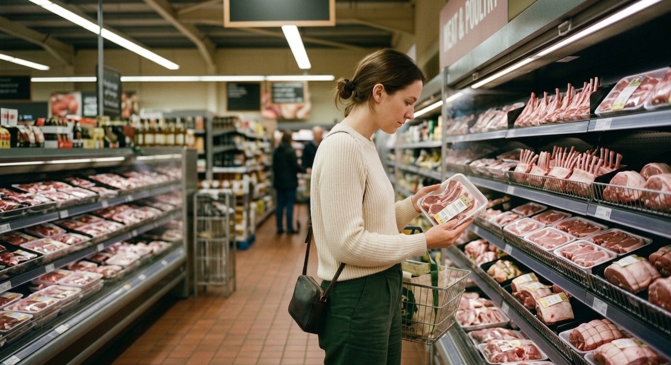 Shopper reading the label on a tray of lamb in a supermarket meat aisle